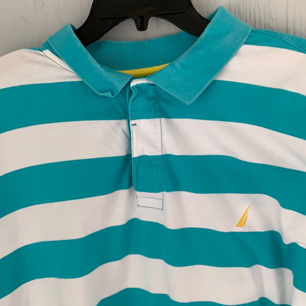 Men's 3XL Nautica Striped Polo Aqua and White